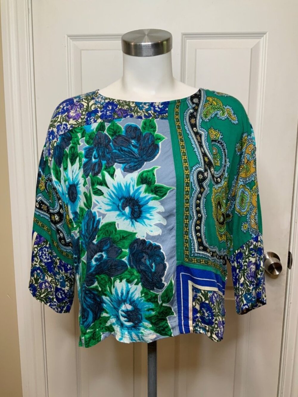 Tiny Multicolor Floral & Paisley Patchwork Shirt Top, Size XS